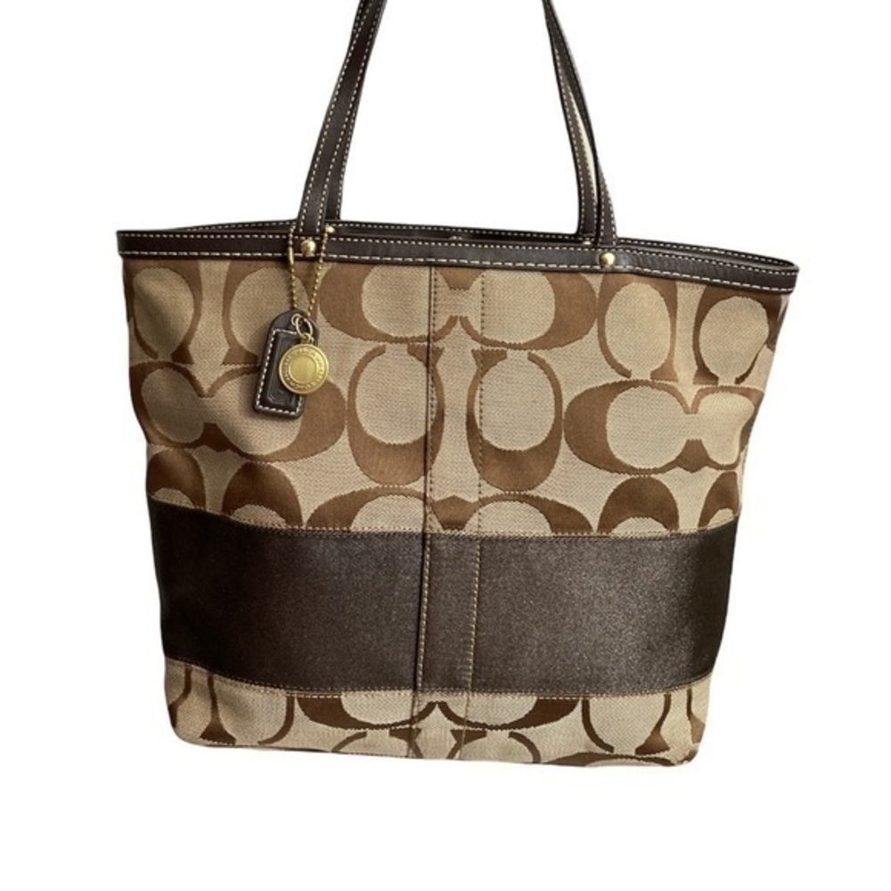Coach brown signature c tote bag with brown leather trim